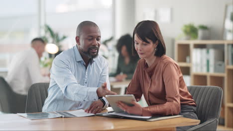 business people, clients and tablet in meeting