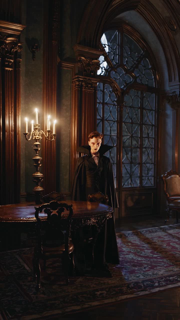 A dimly lit, gothic-style room with ornate woodwork and tall windows. A person in a cloak stands