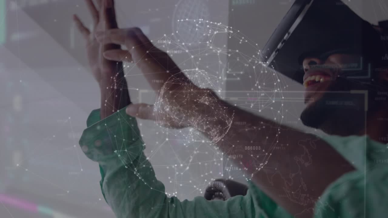 Tech expert wearing VR headset pinching holographic globe enabling interactive data visualization