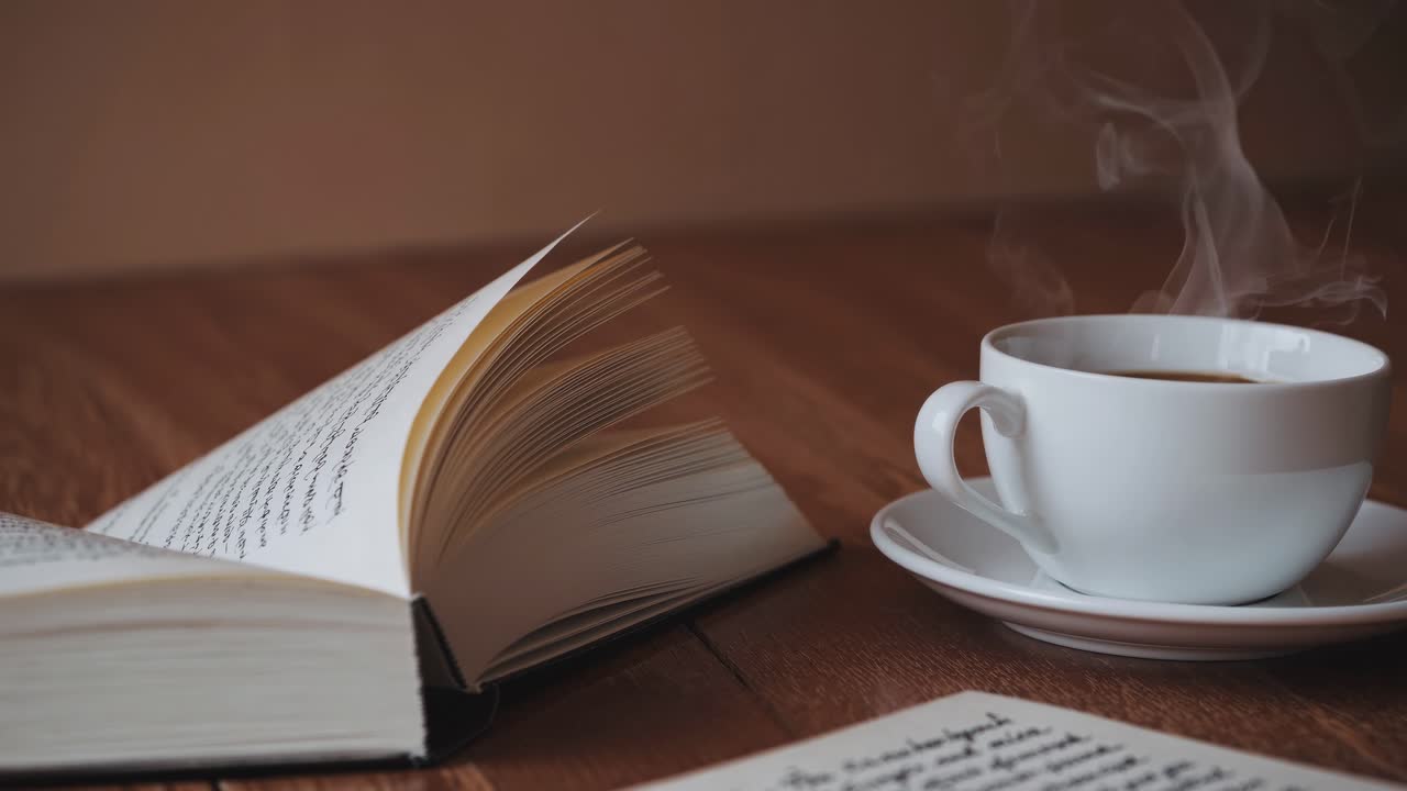 Cena de vídeo aconchegante com uma visão em ângulo baixo de um livro aberto e uma xícara fumegante de café em uma superfície de madeira