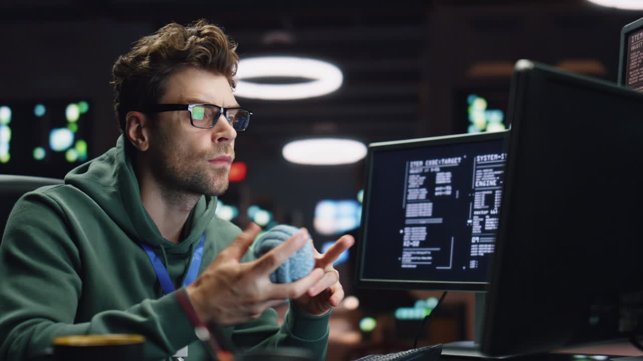 pensive it hombre trabajando en la computadora en el centro de datos tarde primer plano. codificador tipo de creación