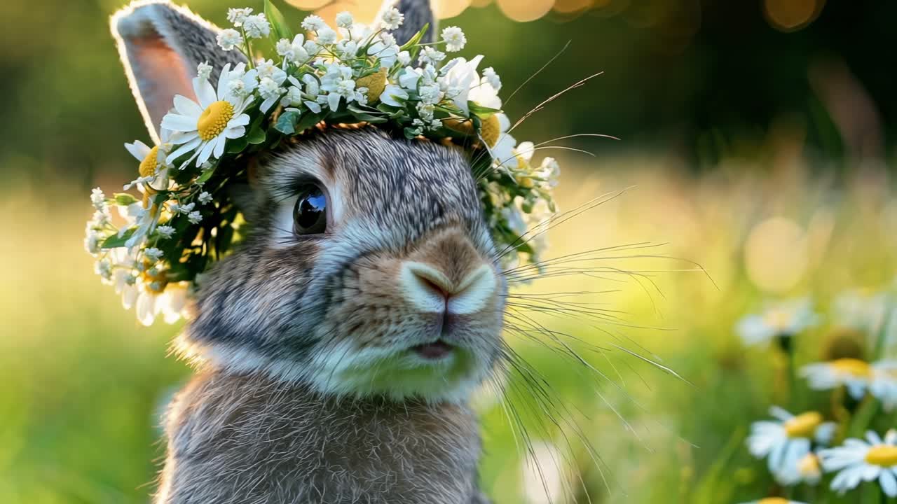 Close-up video of a rabbit wearing a floral crown, captured at eye level