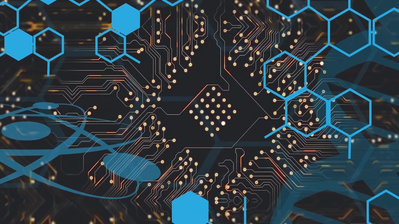 Animation of chemical formula over computer circuit board on black background