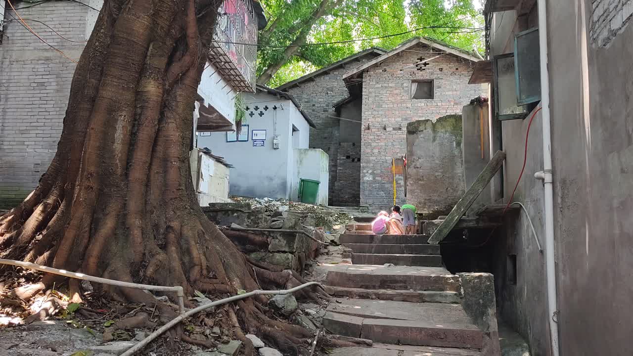 중국 마을의 어떤 어린 소녀들은 태양 아래에서 게임을 합니다