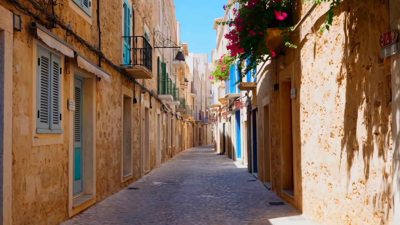 A picturesque narrow street in a Mediterranean old town with colorful shutters and balconies on a sunny day