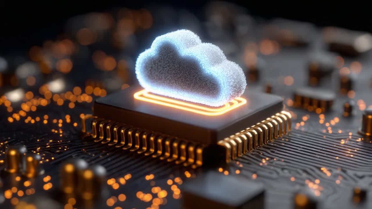 A Visualization of Cloud Computing Represented by a Digital Cloud Icon Illuminated Above a Microchip, Symbolizing Technology and Data Storage Advancements
