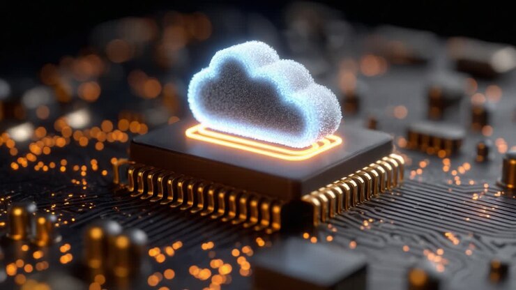 A Visualization of Cloud Computing Represented by a Digital Cloud Icon Illuminated Above a Microchip, Symbolizing Technology and Data Storage Advancements