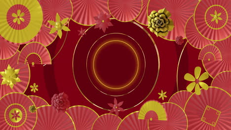 Animation-of-chinese-pattern-with-copy-space-on-red-background