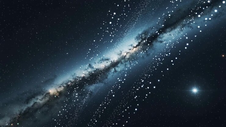 Inizio panoramica, fascia galattica diagonale che si muove nello spazio profondo simulando il passaggio oltre una stella luminosa
