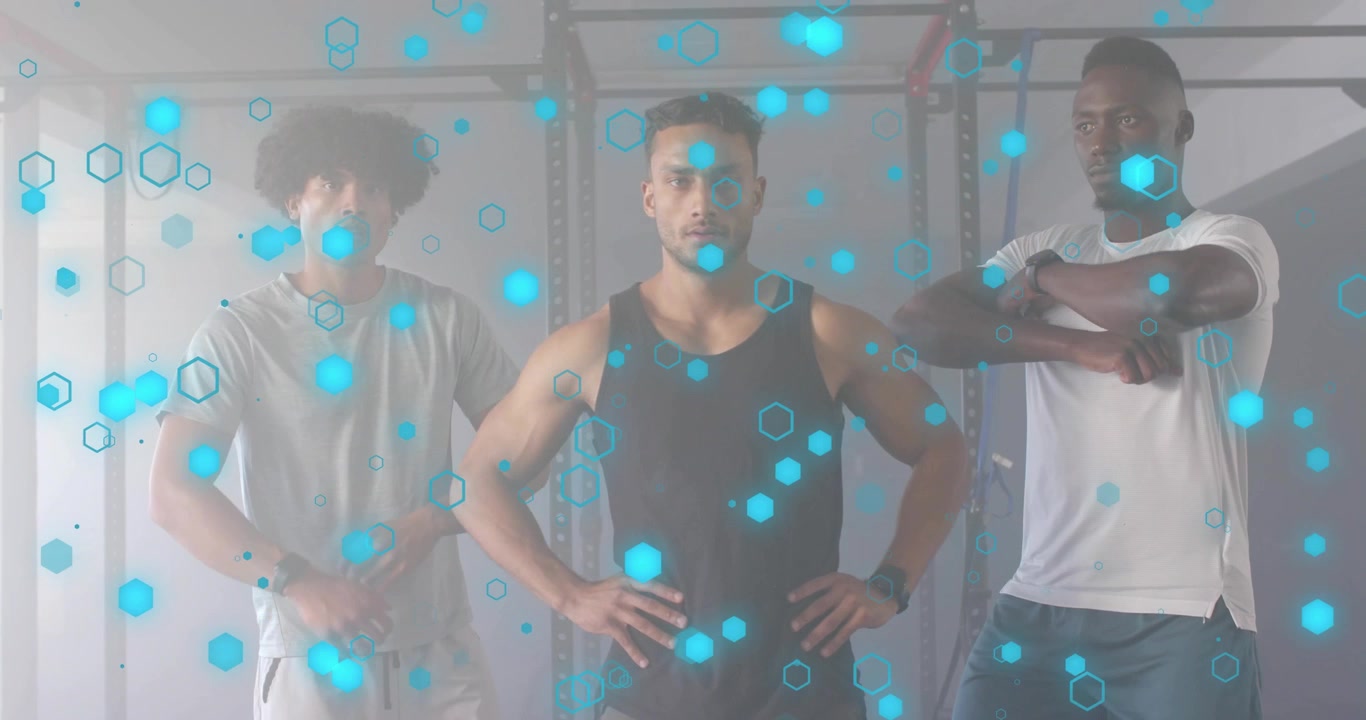 Fitness trio approaching camera striking crossed arms pose while hexagon overlay highlighting unity
