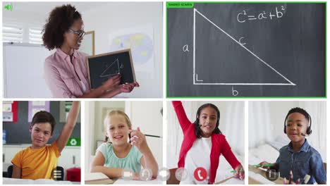 animation of six screens of diverse children, teacher and chalkboard during online maths lesson