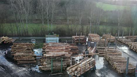 the logging industry in motion: an aerial view of a truck unloading and sorting timber at a german sawmill