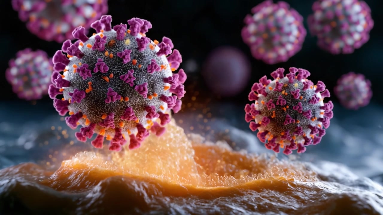 Detailed Visualization of Coronavirus Particles in Motion, Highlighting Their Intricate Structures and Surrounding Environment in a Scientific Context