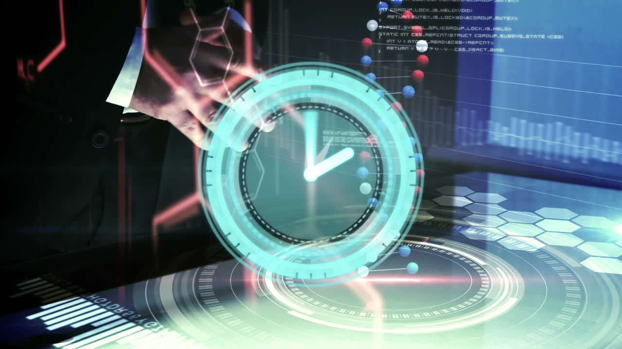 Animation of clock moving and data processing over caucasian businessman