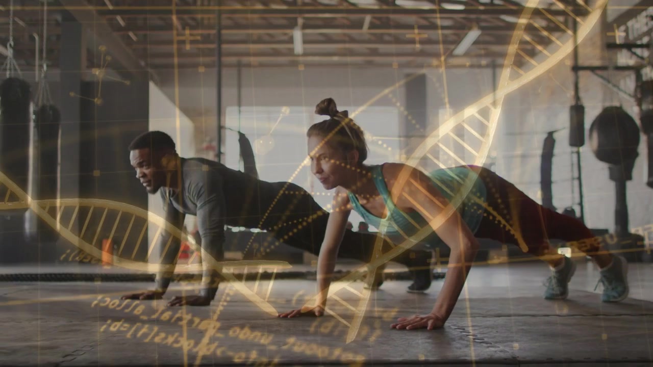 Partners holding plank then lowering, doing in-sync push-ups with golden helix overlay for fitness