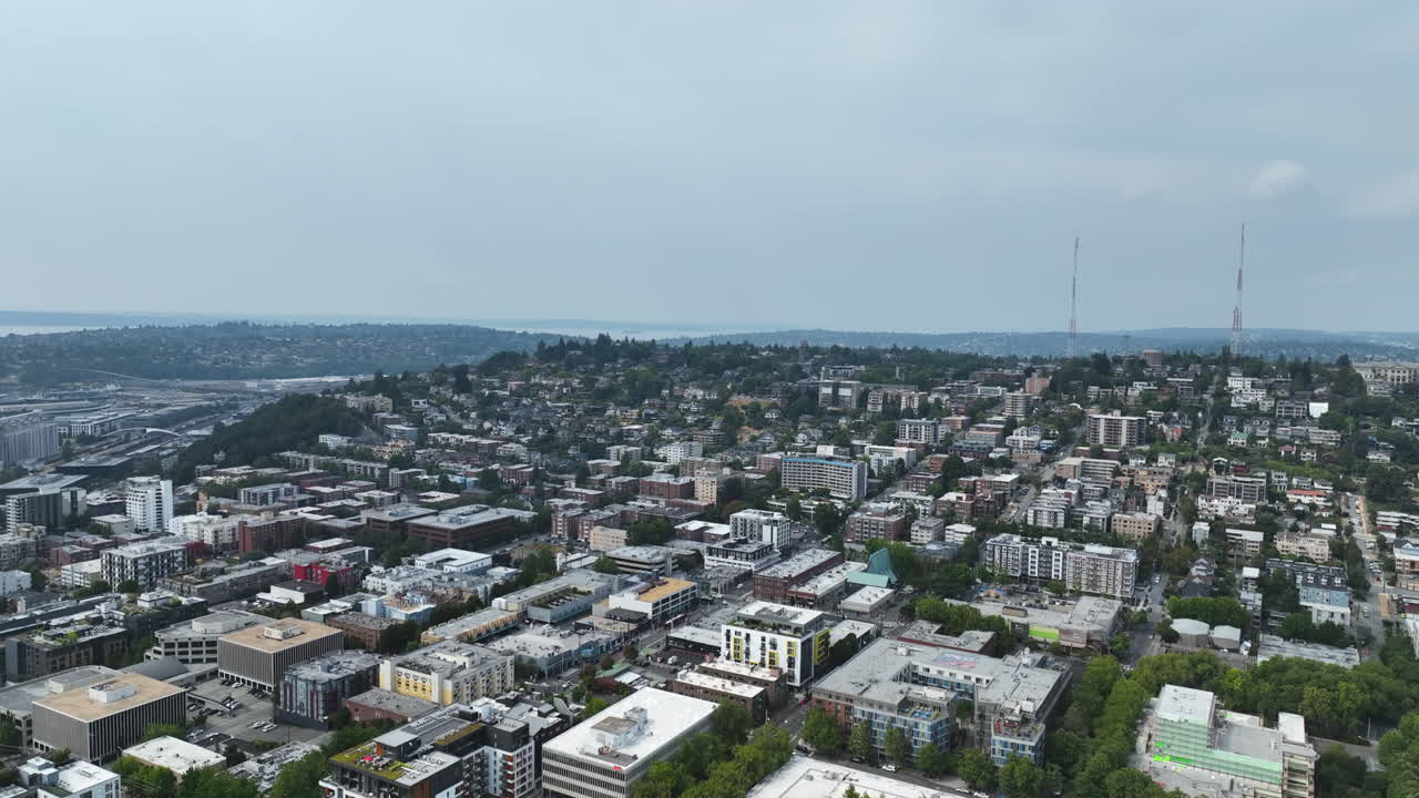 Aerial overview of the Queen Anne Hill district, sunny, summer day in Seattle