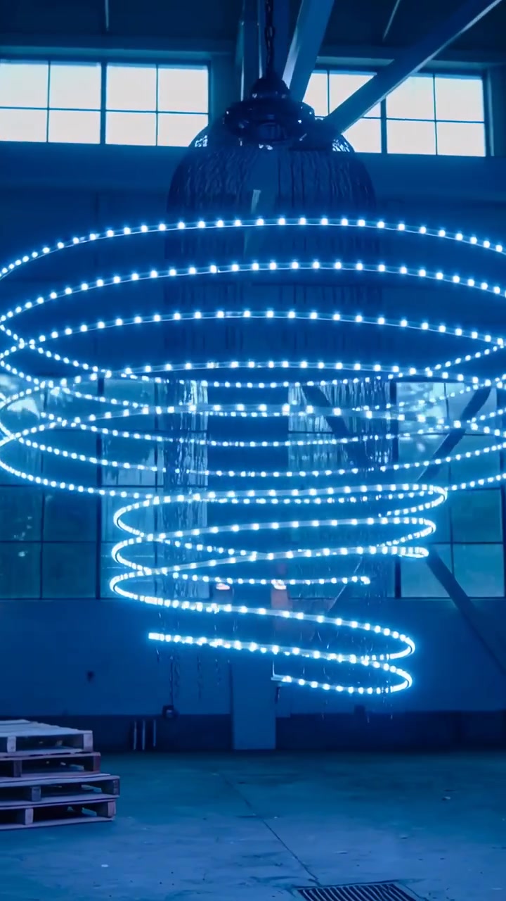 Vertical video: Frames starting showing LED spiral rotating, color-shifting, forming vortex in hall