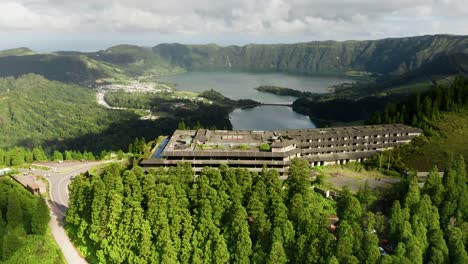 bird's-eye view over monte palace ruins, lagoa das sete cidades caldera backdrop