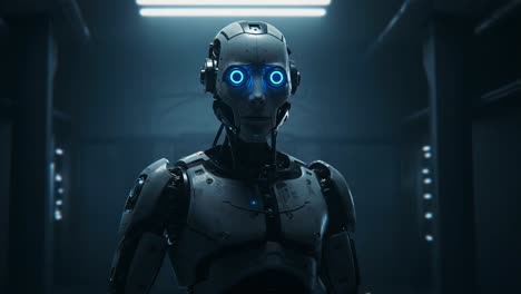 a advanced humanoid robot with striking blue eyes in a dark, ambient environment showcasing futuristic technology and human-like features