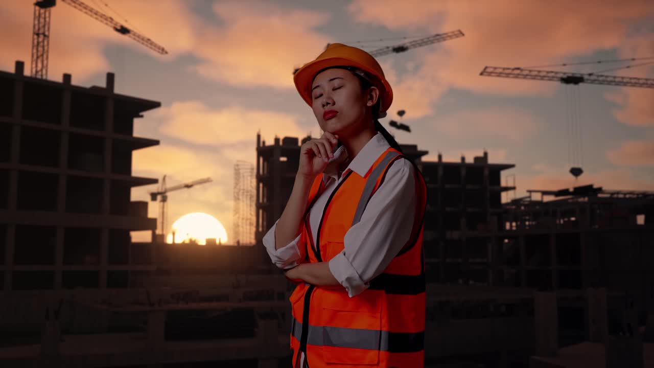 Asian Female Engineer With Safety Helmet Thinking About Something And Looking Around While Standing At Construction Site in Progress to New House