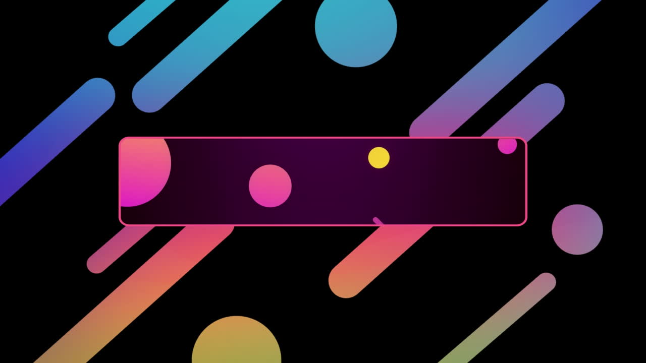 animación de formas azules, amarillas y rosadas, con un rectángulo de contorno central, sobre fondo negro