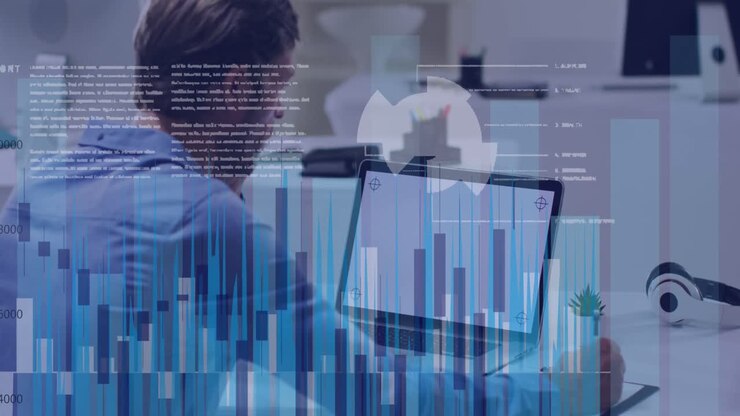 Animation of financial data processing over caucasian businessman using laptop with copy space