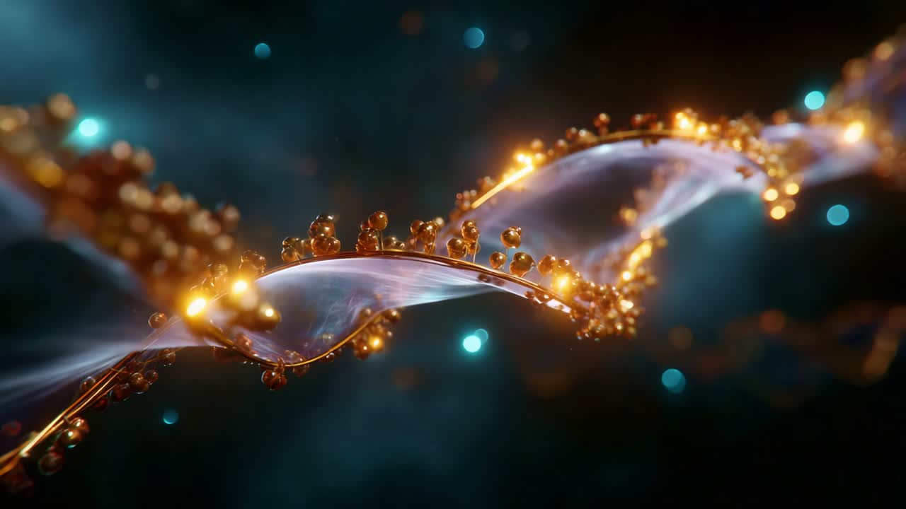 A Stunning Visualization of Flowing Energy Waves Dotted with Glimmering Orbs Against a Dreamy Nebula Background in a Digital Animation Style