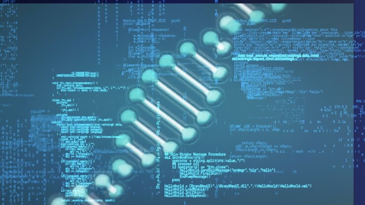 Animation of dna strand over red shapes and data processing on blue background