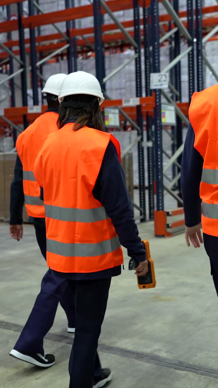 Warehouse workers in safety vests and hard hats