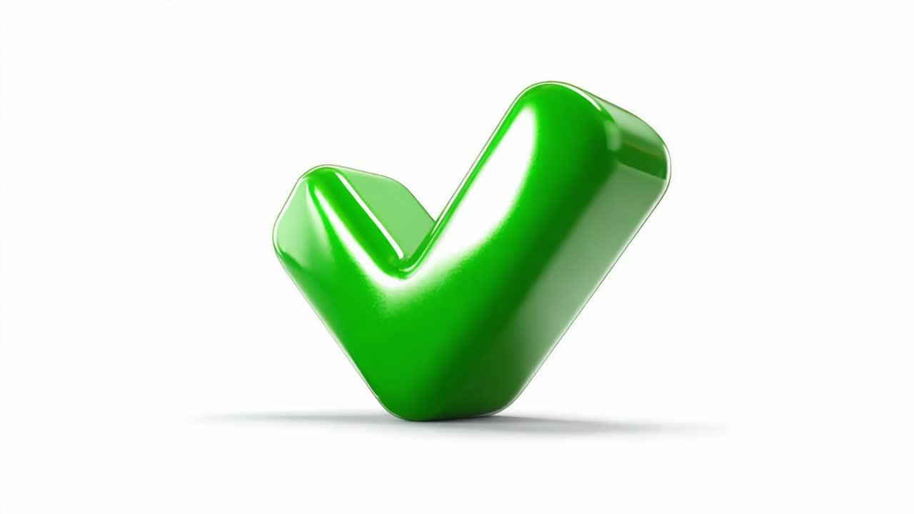 A Vibrant Green Checkmark Symbolizing Approval and Success with a Glossy Finish Set Against a Bright White Background, Perfect for Representing Affirmation or Confirmation in Design