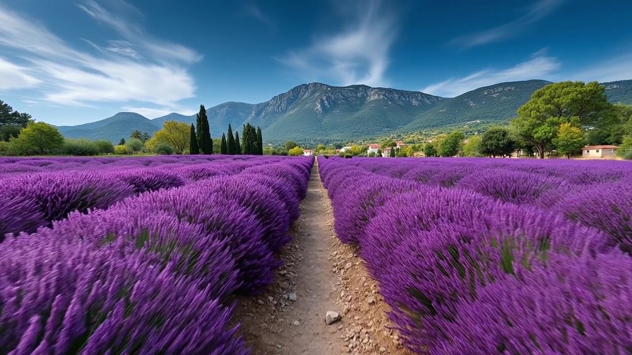 Smukt blomstrende lilla lavendelmark med en grussti, der fører mod bjerge under en klar blå himmel