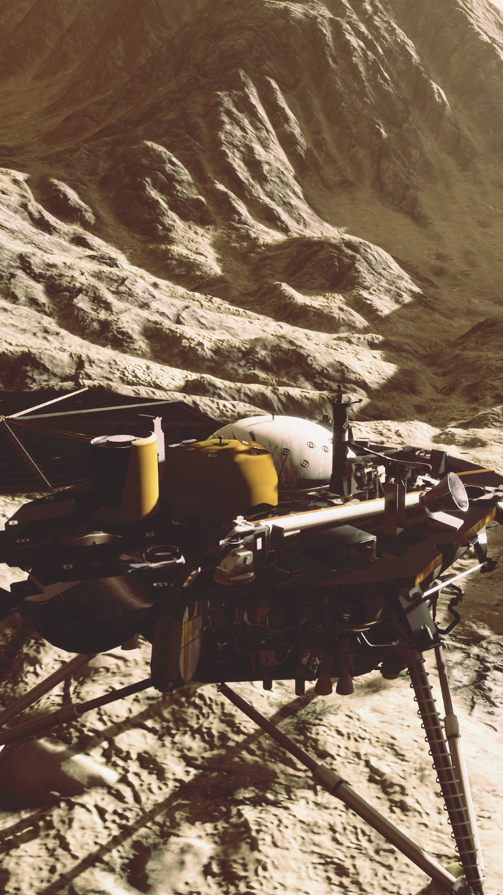 Mars rover works on rocky surface during exploration mission in rugged area