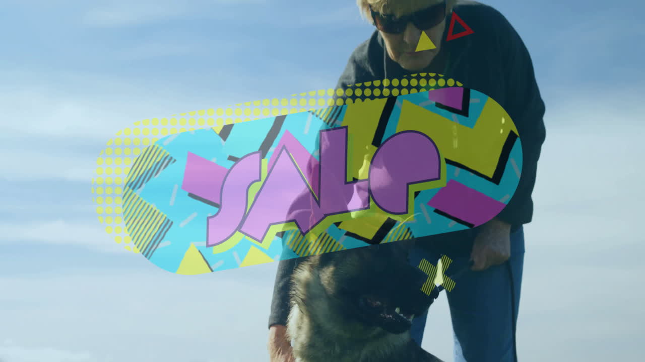 Sale text animation over person walking dog outdoors in colorful scene