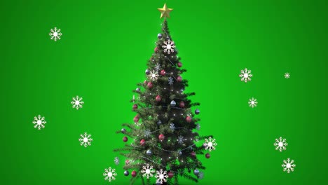 Animation-of-snow-falling-and-christmas-tree-over-green-background