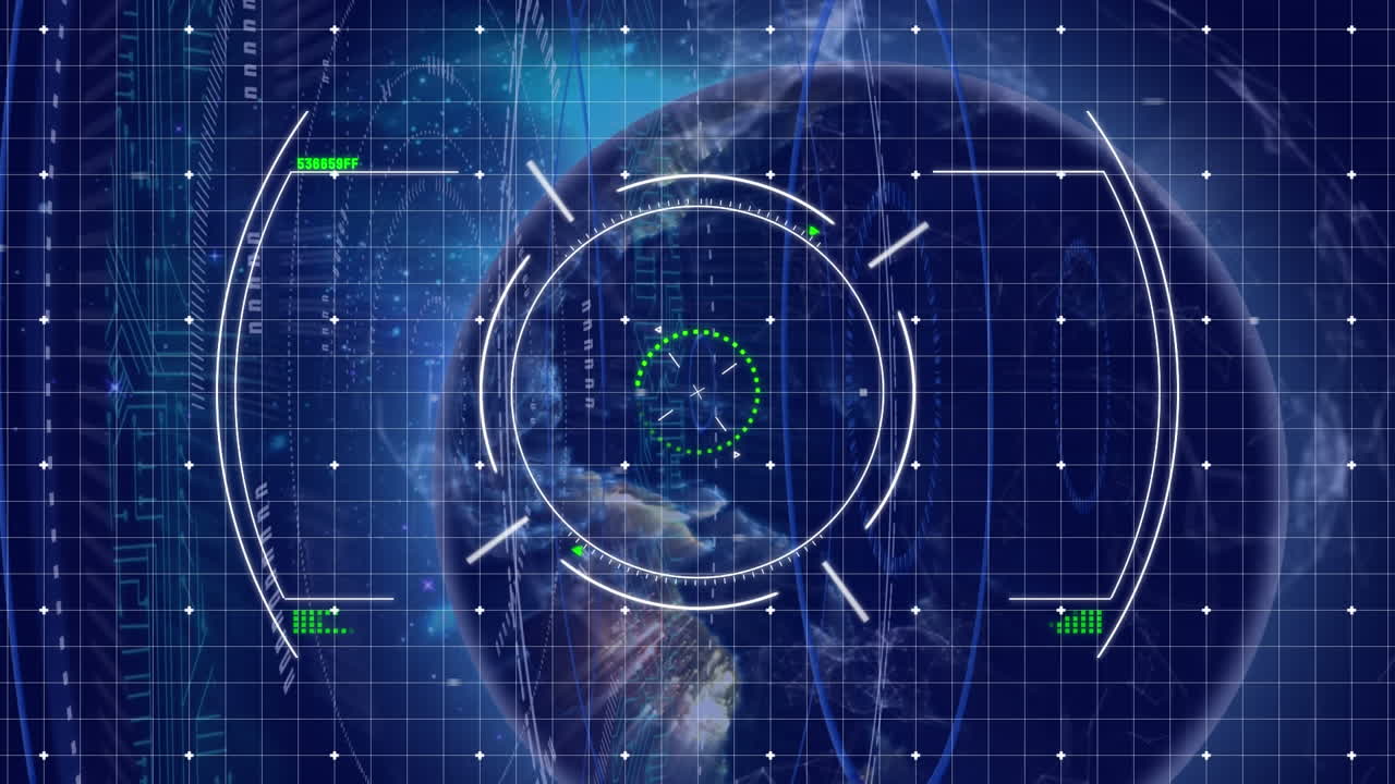 Animation of circles over grid pattern and circuit board pattern against rotating globe