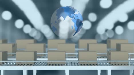 Animation-of-spinning-globe-over-delivery-boxes-on-conveyer-belt-against-warehouse