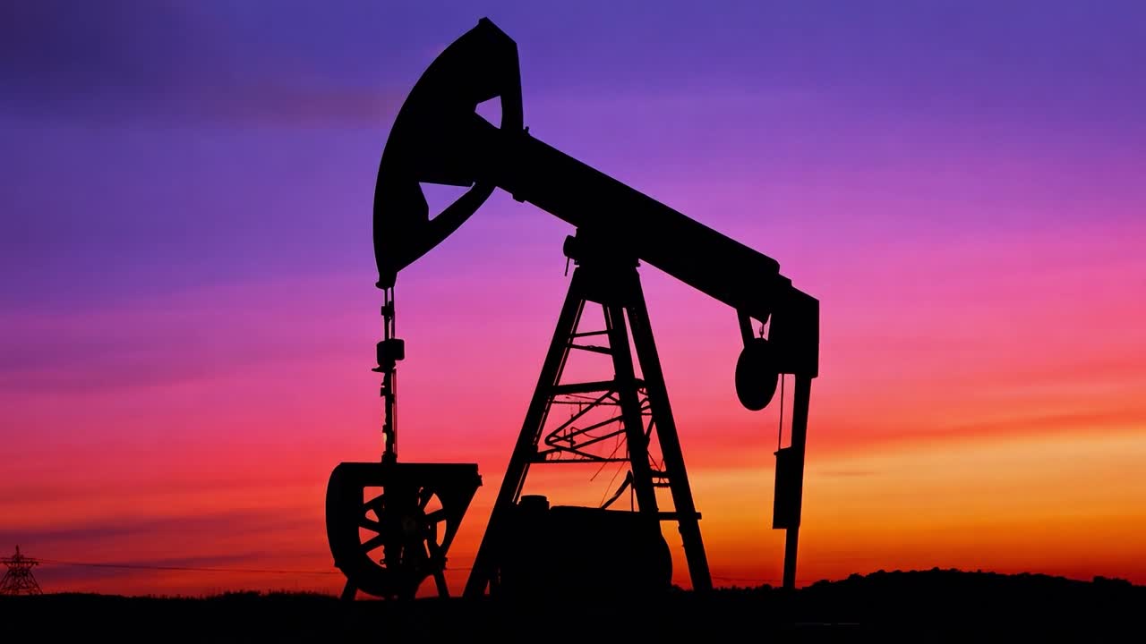 silueta de una bomba de aceite contra un cielo al atardecer