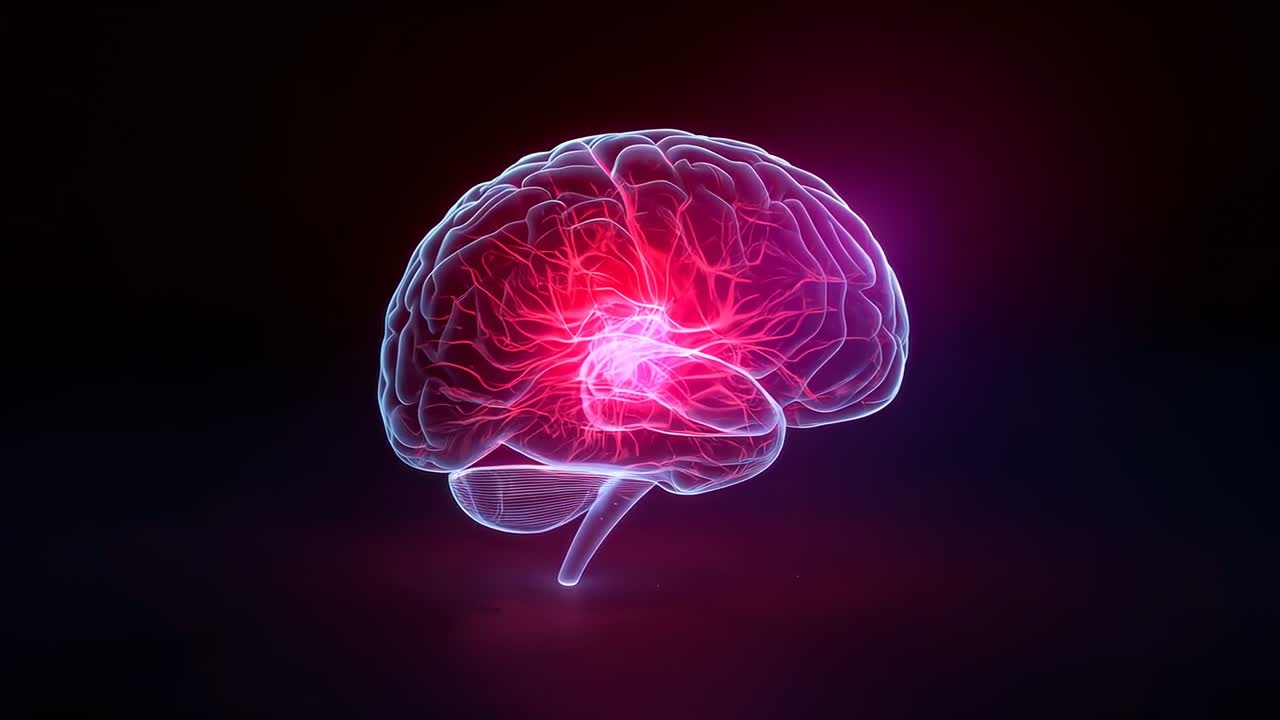 Core brightening sparking pulsing 3D brain hologram pink nucleus threads purple halo haze in void