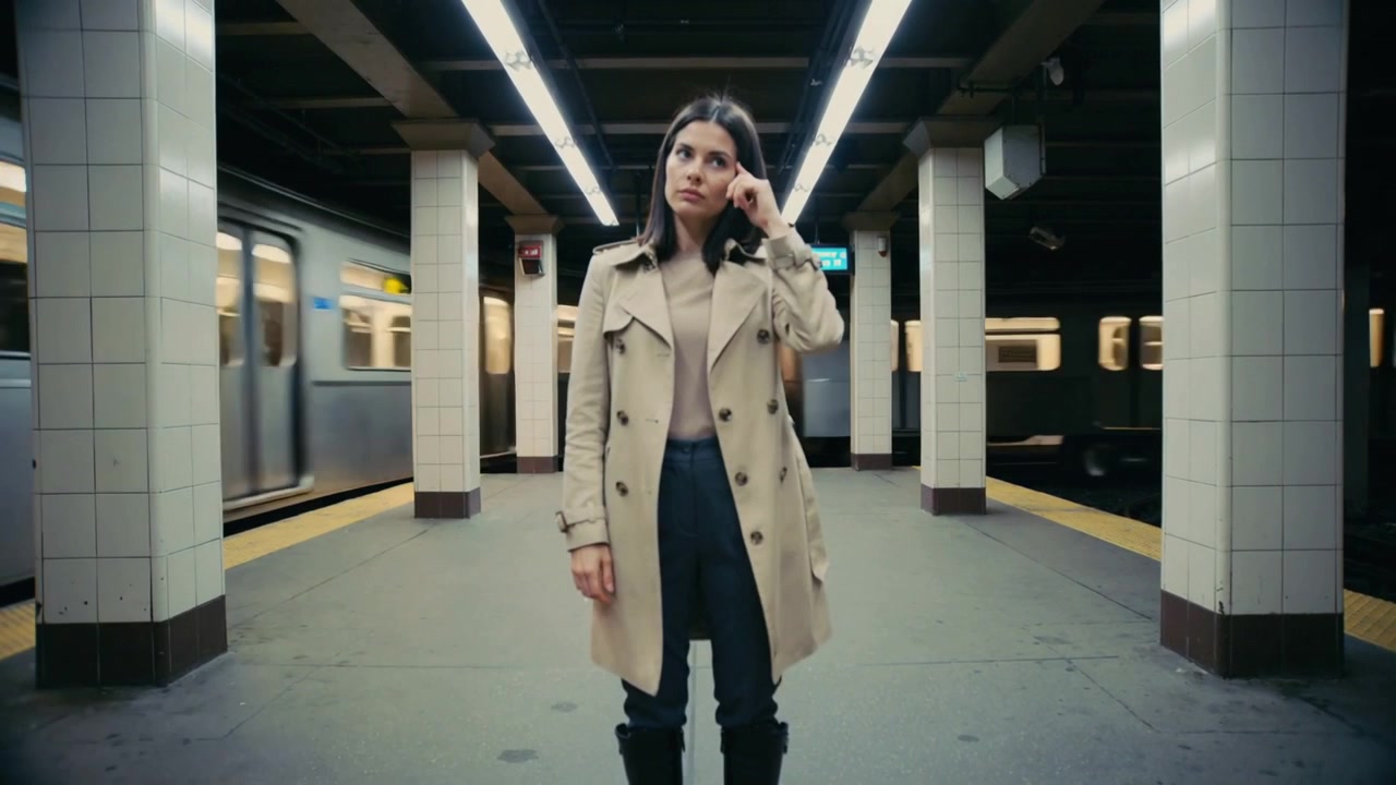 Donna in piedi in trench che aspetta, aggiustandosi l'orecchio mentre i treni arrivano e passano in stazione