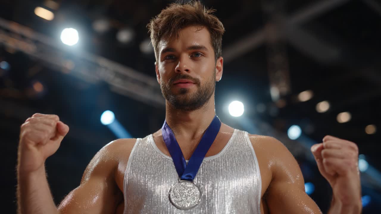 Celebrating Victory: An Athletic Champion Posing with a Silver Medal, Exuding Confidence and Determination in an Energetic Sports Environment