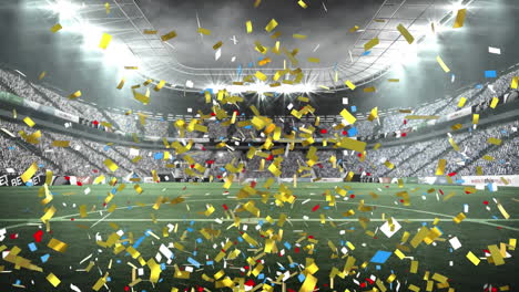 animation of colorful confetti falling against view of soccer stadium