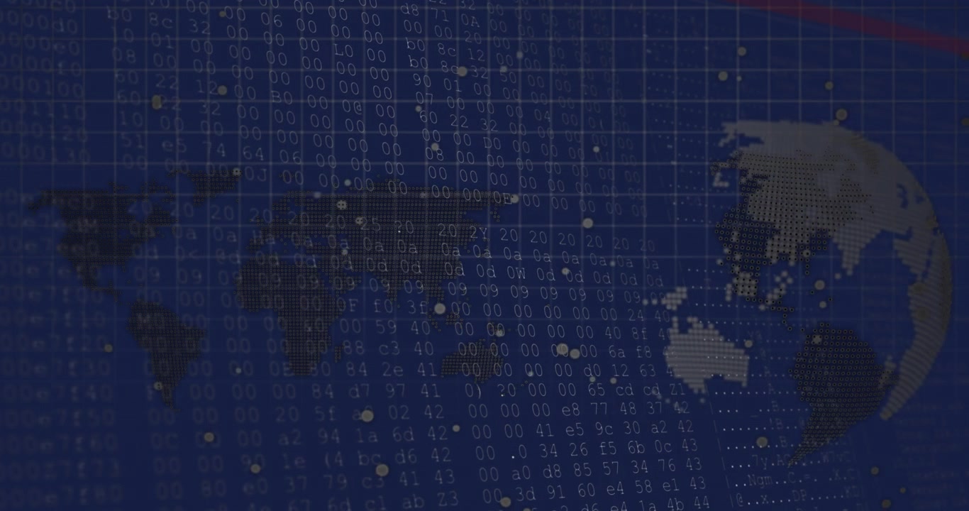 Animation of data processing over spinning globe and world map against blue background