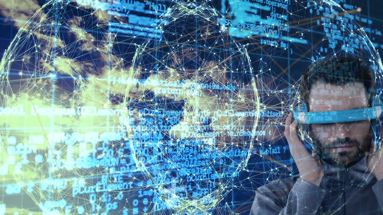 hombre caucásico con gafas vr contra el mundo de la red de conexiones y procesamiento de datos