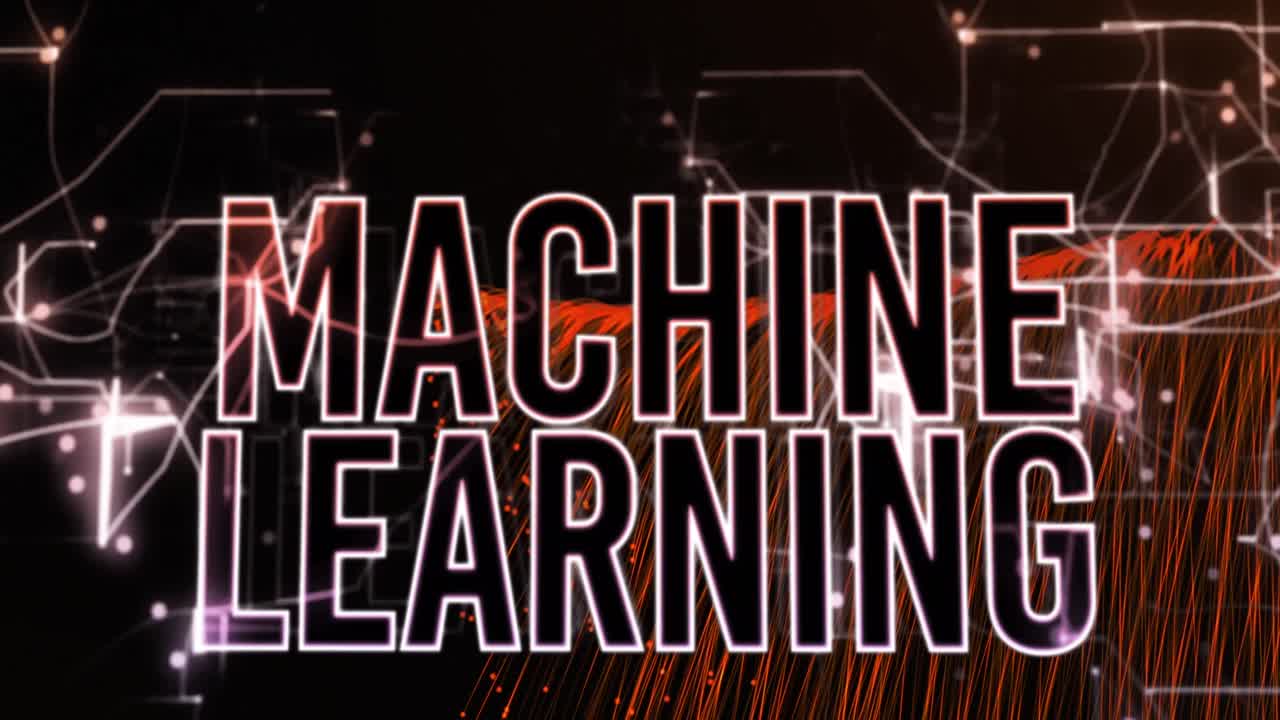 Animation of machine learning text over spots on black background