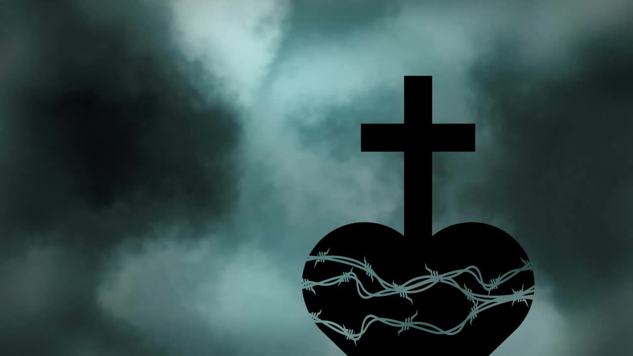 Barbed wire heart and cross against dramatic cloudy sky, creating animation effect