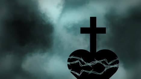 barbed wire heart and cross against dramatic cloudy sky, creating animation effect