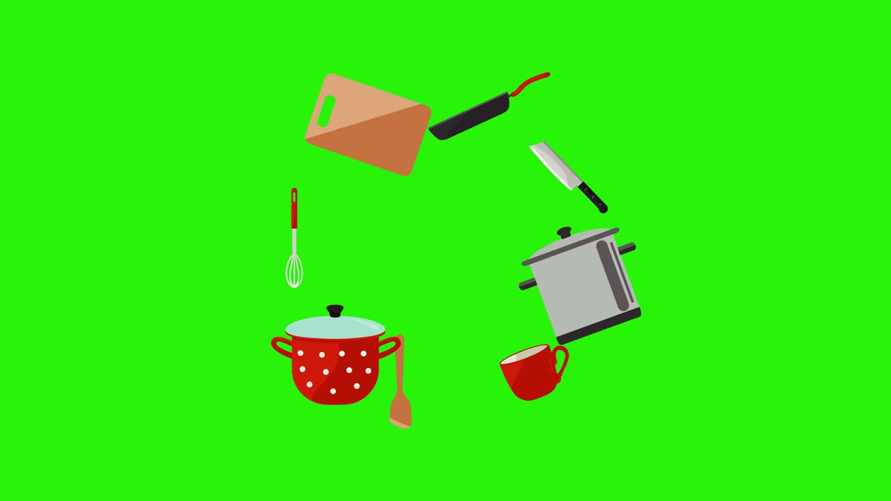 Animation of cooking tools, green screen , chroma key graphic source elements