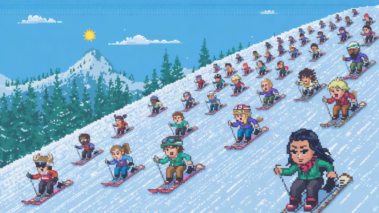 Skiing pixel-art group prompted by slope, descending mountain run with skis and bright jackets