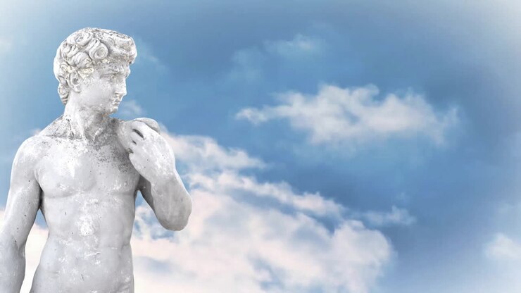 Animation of gray sculpture of man over blue sky and clouds, copy space