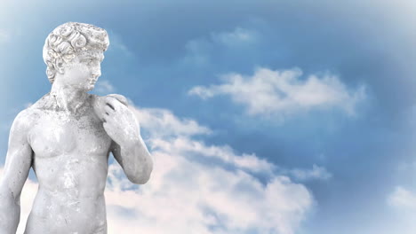 animation of gray sculpture of man over blue sky and clouds, copy space